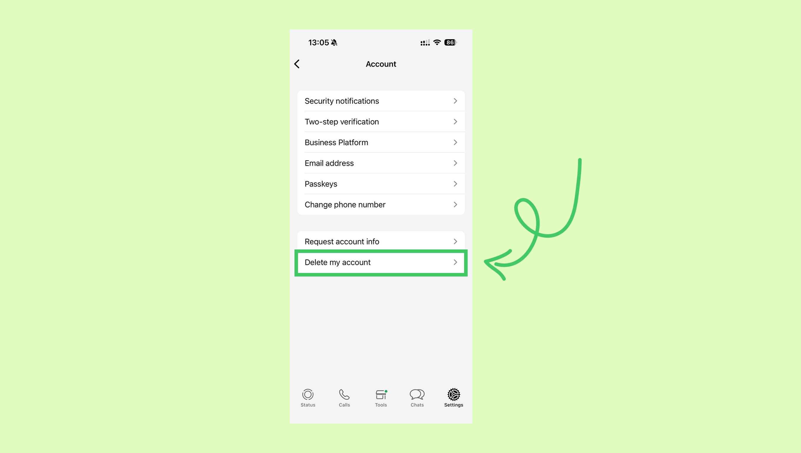 Account settings menu highlighting the option to delete the account.